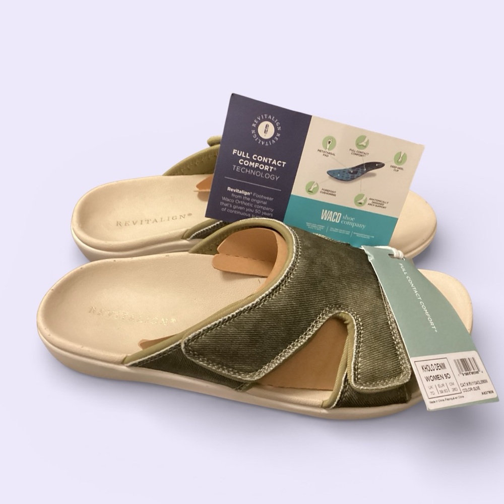 Revitalign Kholo Denim Olive Sandals 9 Wide Orthotic Arch Support